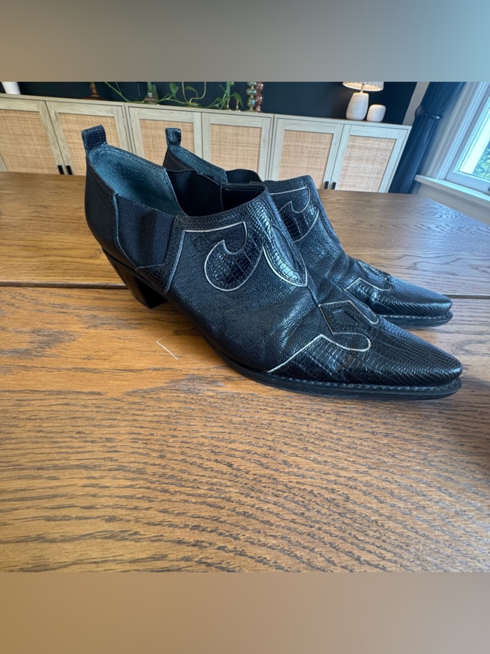Franco Sarto Black Leather Ankle Boots Low Cowboy Western Size 8 Block heel